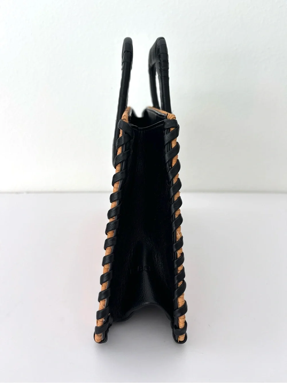 BCBG Natural Wicker Black Whipstitch Bag NWT Square Handles Crossbody